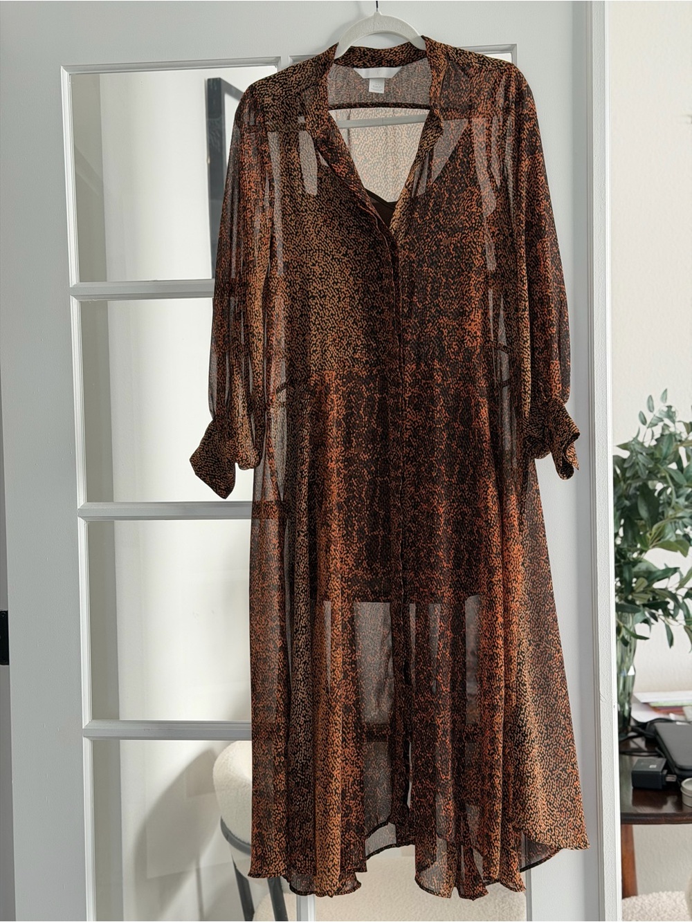 H&M Brown Sheer Printed Midi Shirt Dress